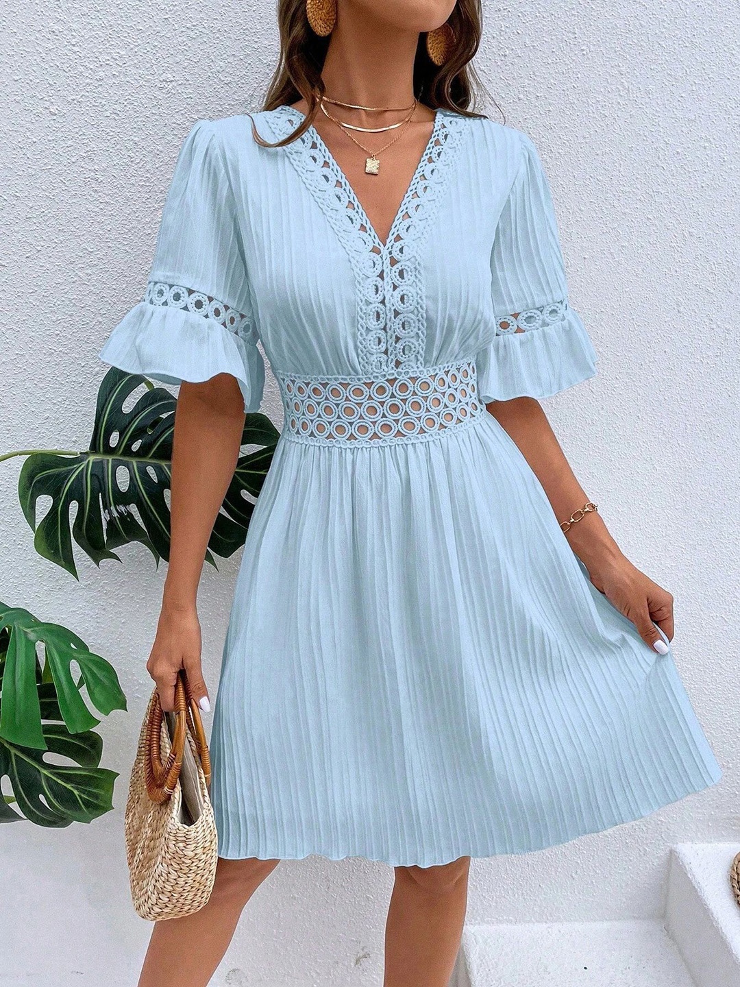 

HERE&NOW Women Self Design Bell Sleeve Fit & Flare Dress, Turquoise blue