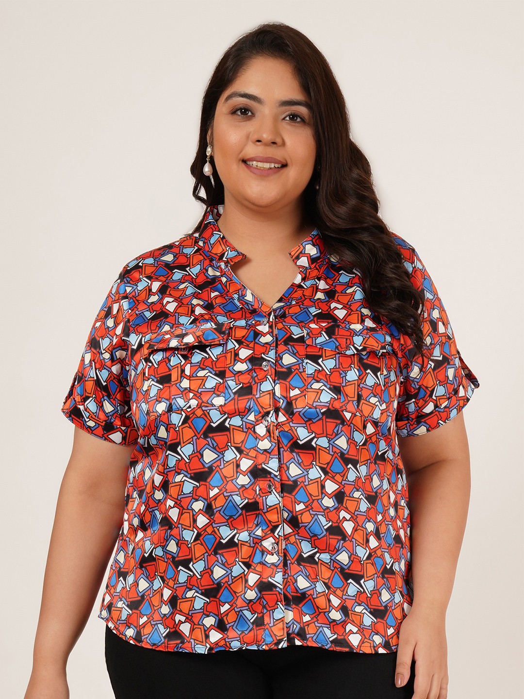 

Flambeur Plus Size Geometric Printed Mandarin Collar Shirt Style Top, Red