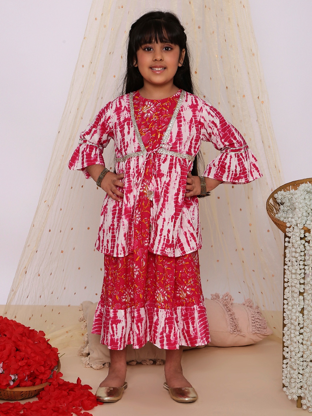 

KID1 Ethnic Motifs Printed Bell Sleeve Fit and Flare Dress, Pink