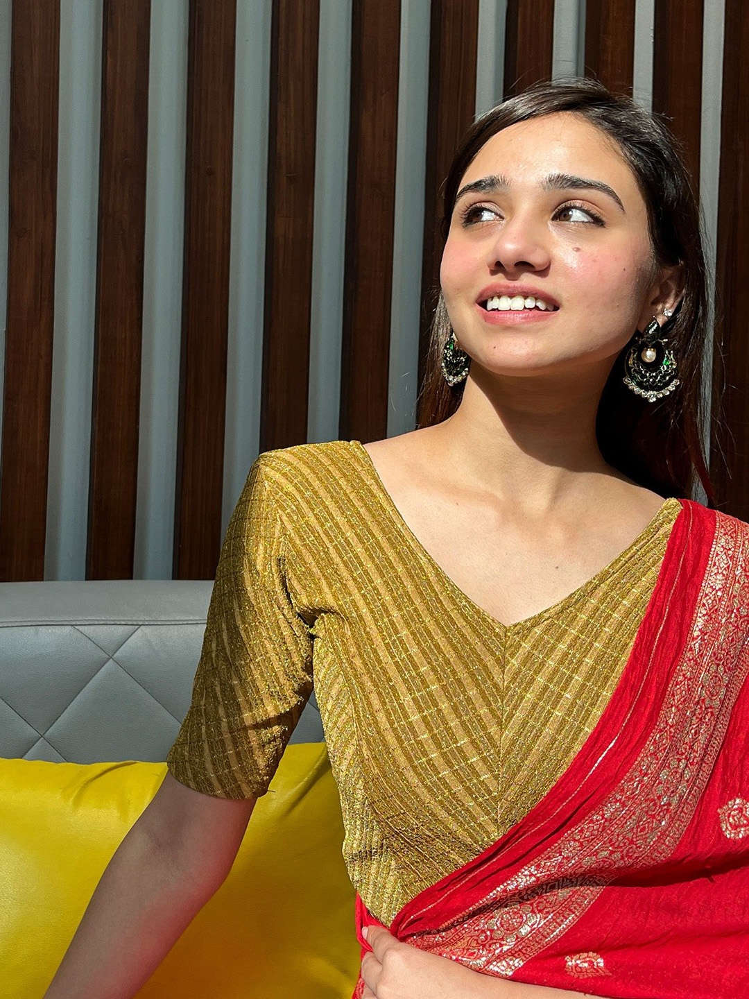

Bindigasm's Advi Jacquard Stretchable Saree Blouse, Gold