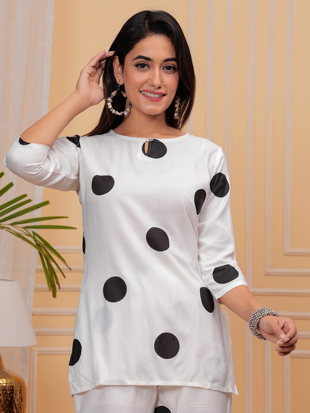 

JAHIDA COMFORT WITH STYLE Dot Printed Tunic & Trousers Co-Ord Set, White