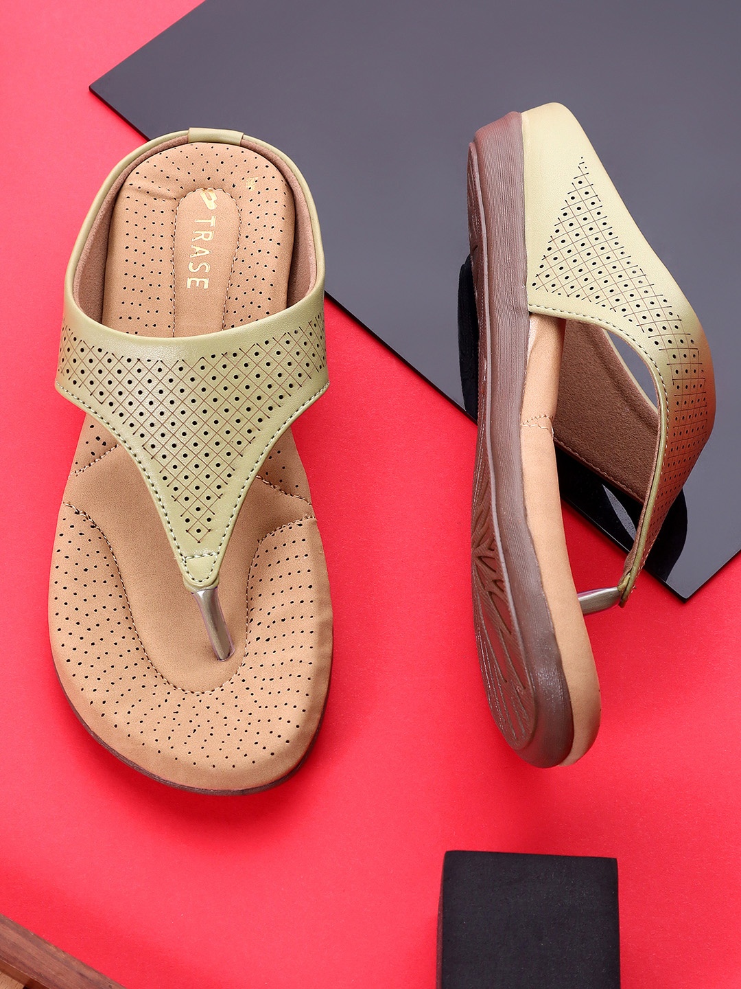 

TRASE Women Textured T-Strap Flats, Green
