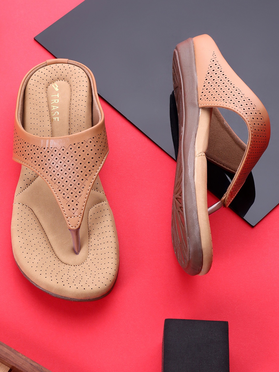

TRASE Women Open Toe Flats with Laser Cuts, Beige
