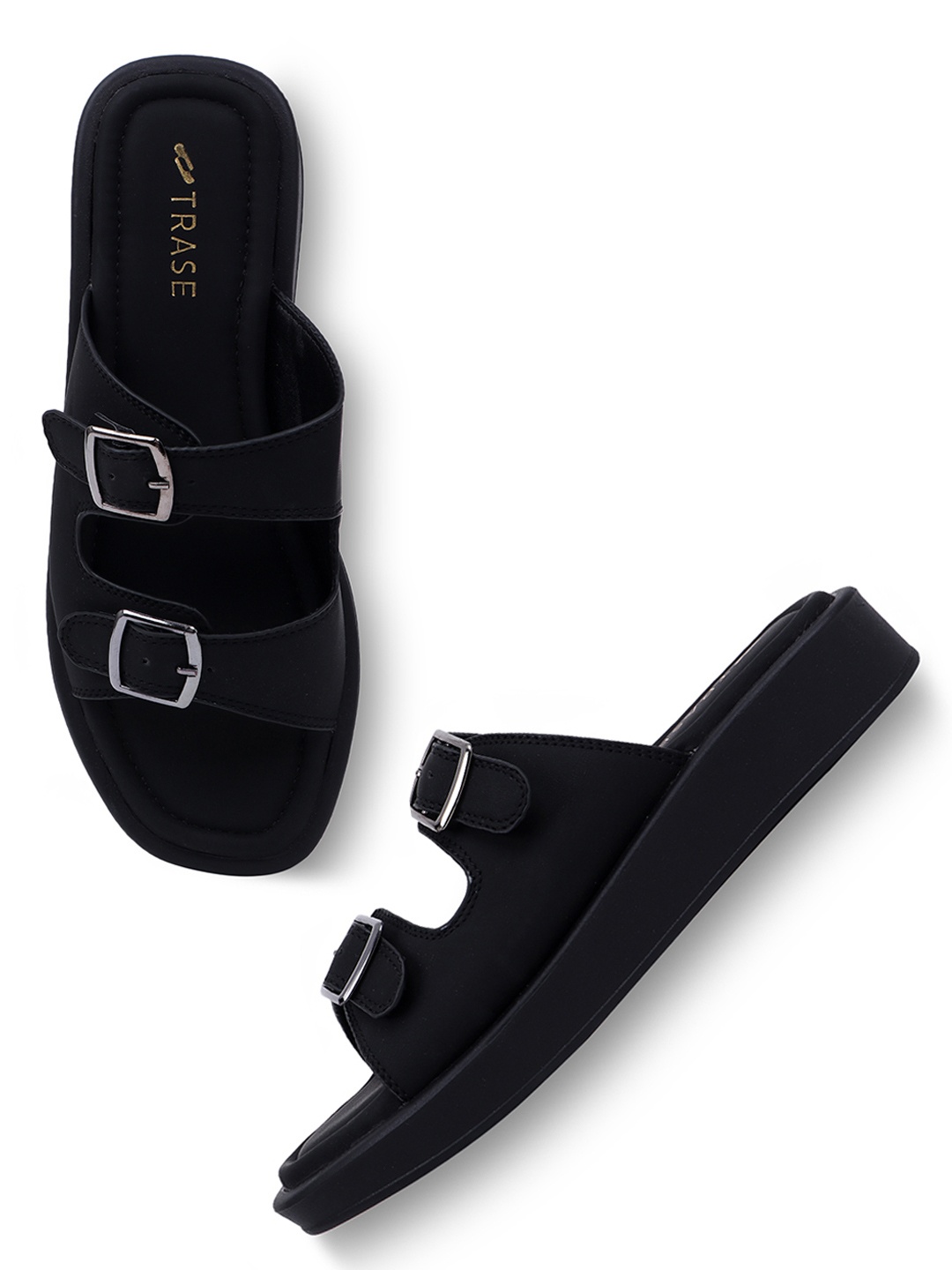 

TRASE Women Open Toe Flats with Buckles, Black