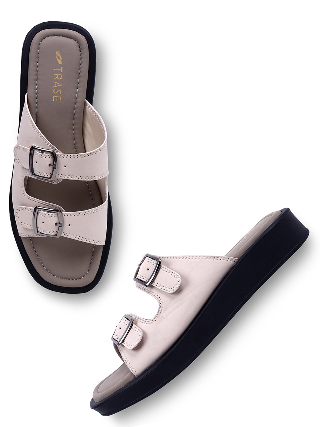 

TRASE Women Open Toe Flats with Buckles, Cream