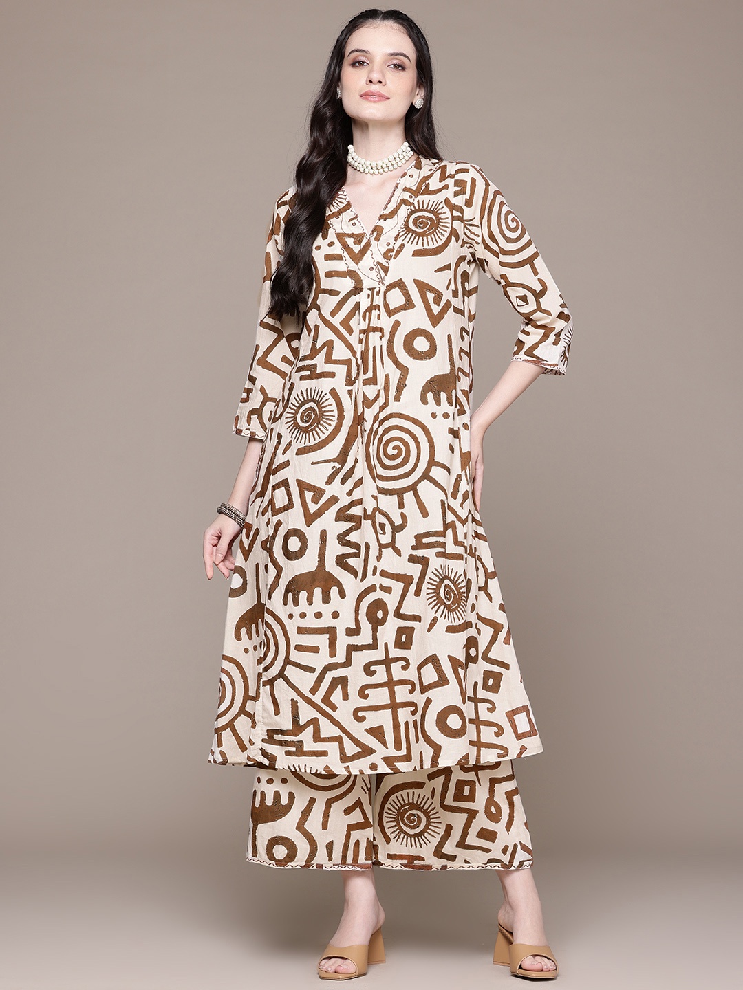 

Readiprint Tribal Printed Pleated Thread Work Pure Cotton Kurta with Palazzos, Brown