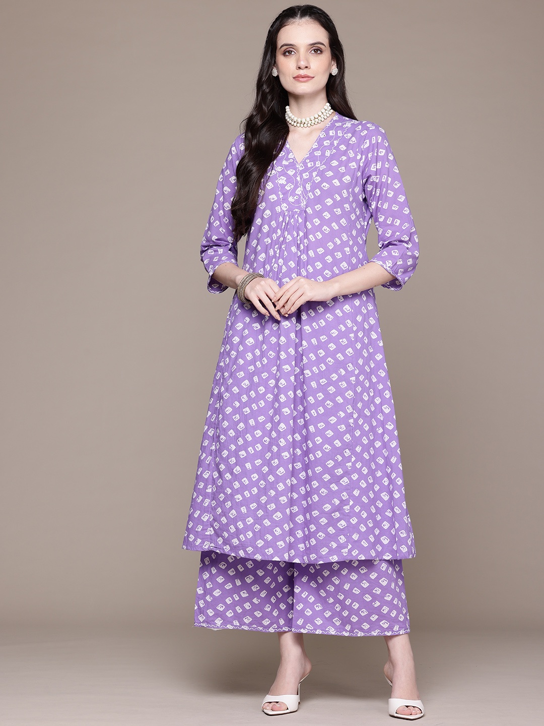 

Readiprint Printed Pleated Thread Work Pure Cotton Kurta with Palazzos, Lavender