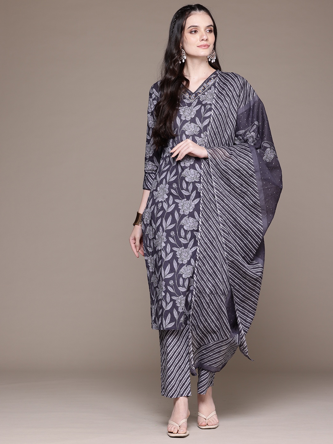 

Readiprint Floral Printed Sequinned Pure Cotton Kurta With Trousers & Dupatta, Grey