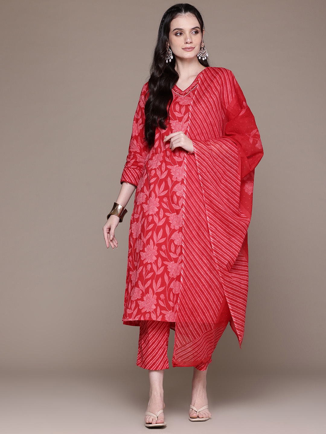 

Readiprint Floral Printed Sequinned Pure Cotton Kurta With Trousers & Dupatta, Red
