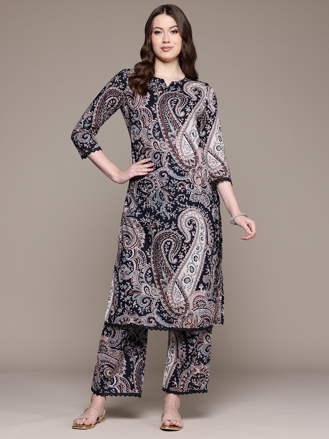 

Readiprint Paisley Printed Pure Cotton Kurta with Trousers, Black