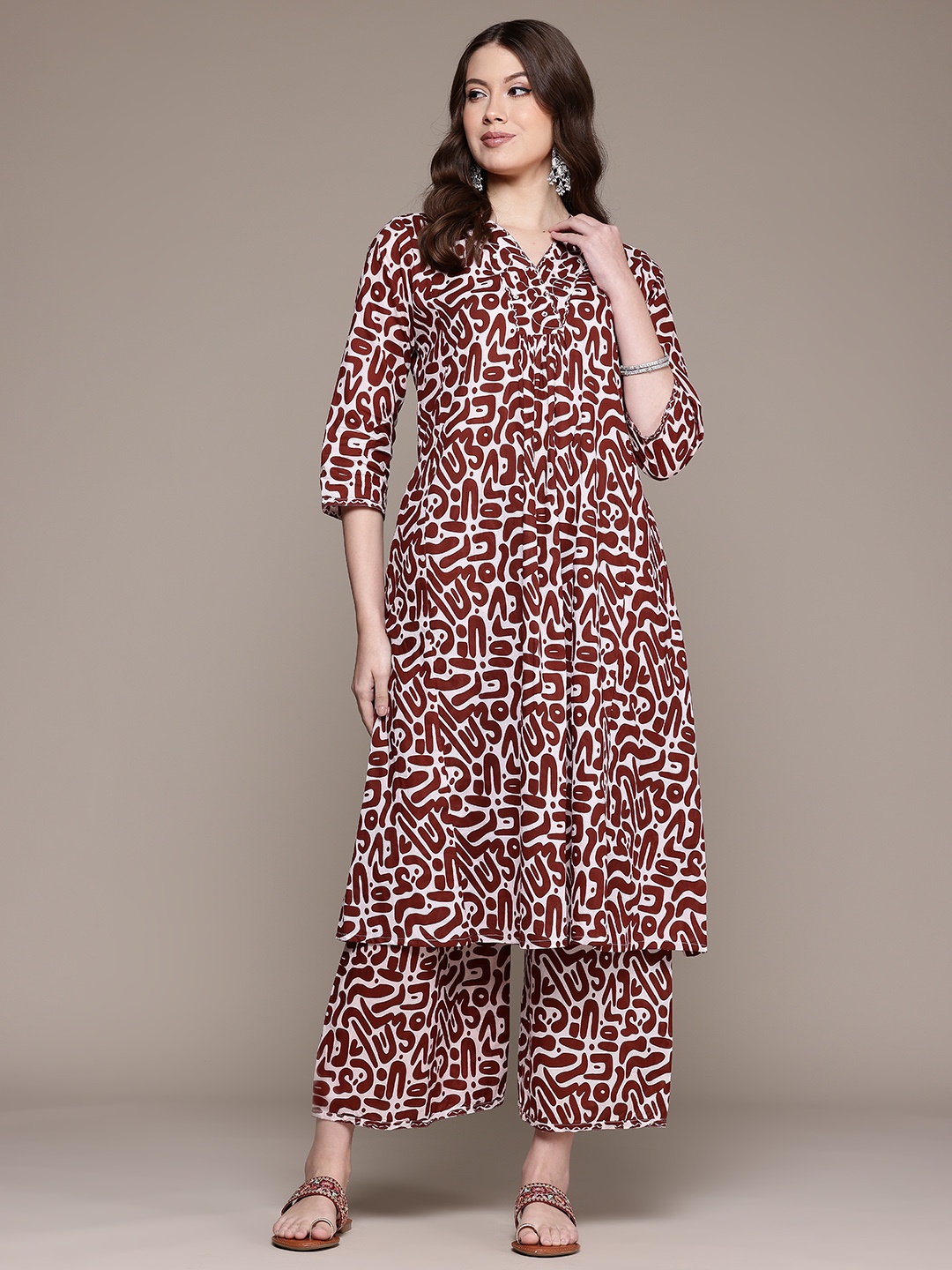 

Readiprint Printed Pleated Thread Work Pure Cotton Kurta with Trousers, Brown
