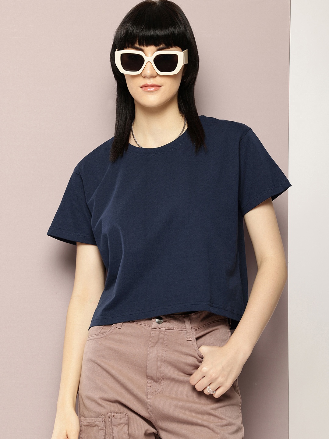

DILLINGER Women Super Combed Cotton Solid Boxy Cropped T Shirt, Navy blue