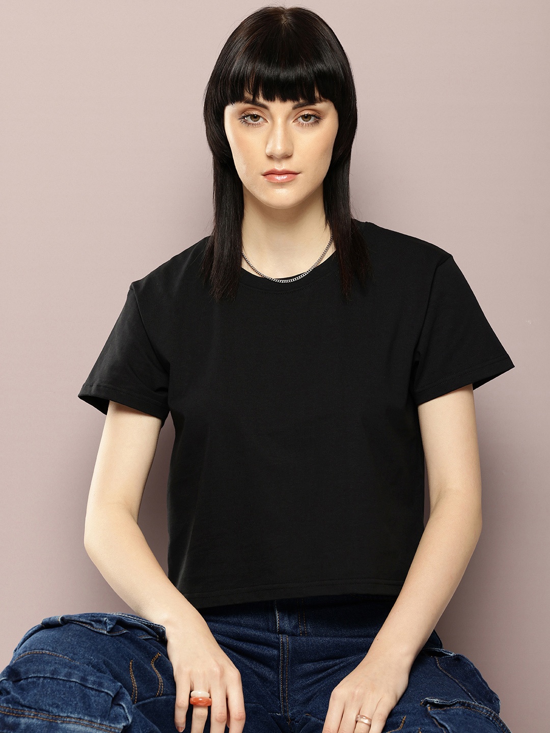 

DILLINGER Women Super Combed Cotton Solid Boxy Cropped T Shirt, Black