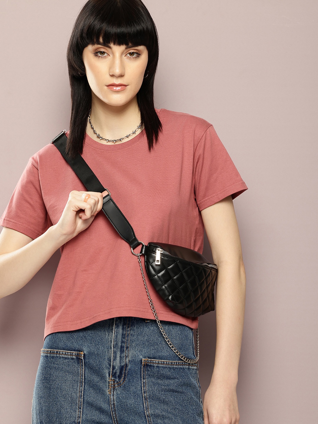 

DILLINGER Women Super Combed Cotton Solid Boxy Cropped T Shirt, Mauve