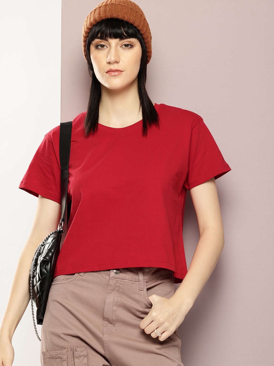 

DILLINGER Women Super Combed Cotton Solid Boxy Cropped T Shirt, Red