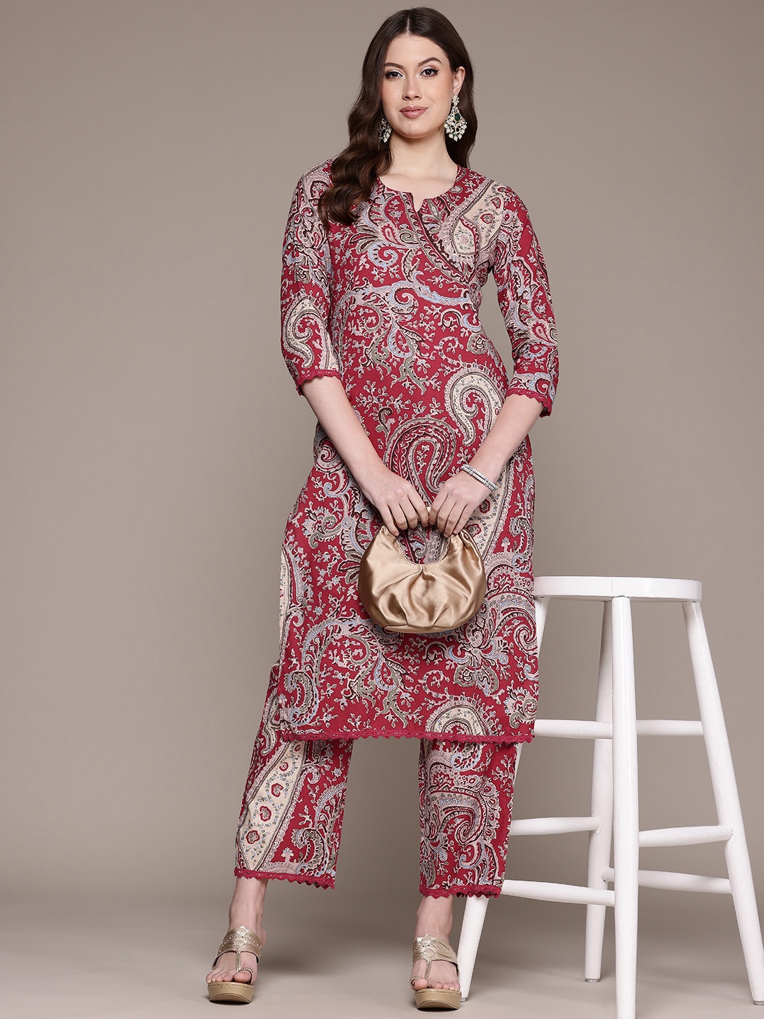 

Readiprint Paisley Printed Angrakha Pure Cotton Kurta with Trousers, Red