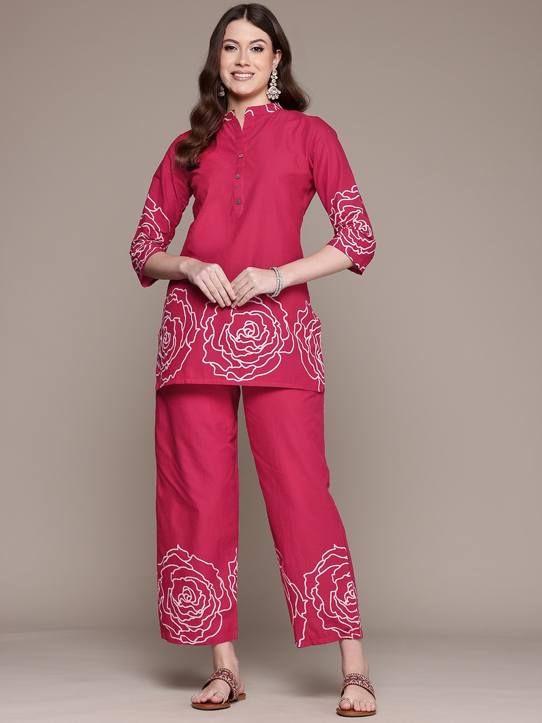 

Readiprint Women Pure Cotton Floral Printed Tunic and Trousers, Fuchsia