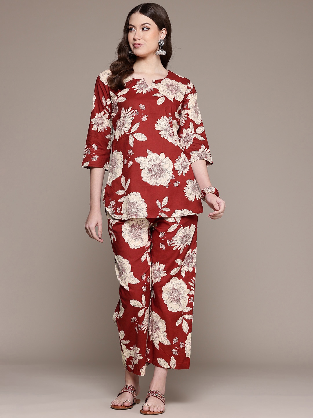 

Readiprint Women Floral Printed Pure Cotton Tunic with Trousers & Scrunchie, Red