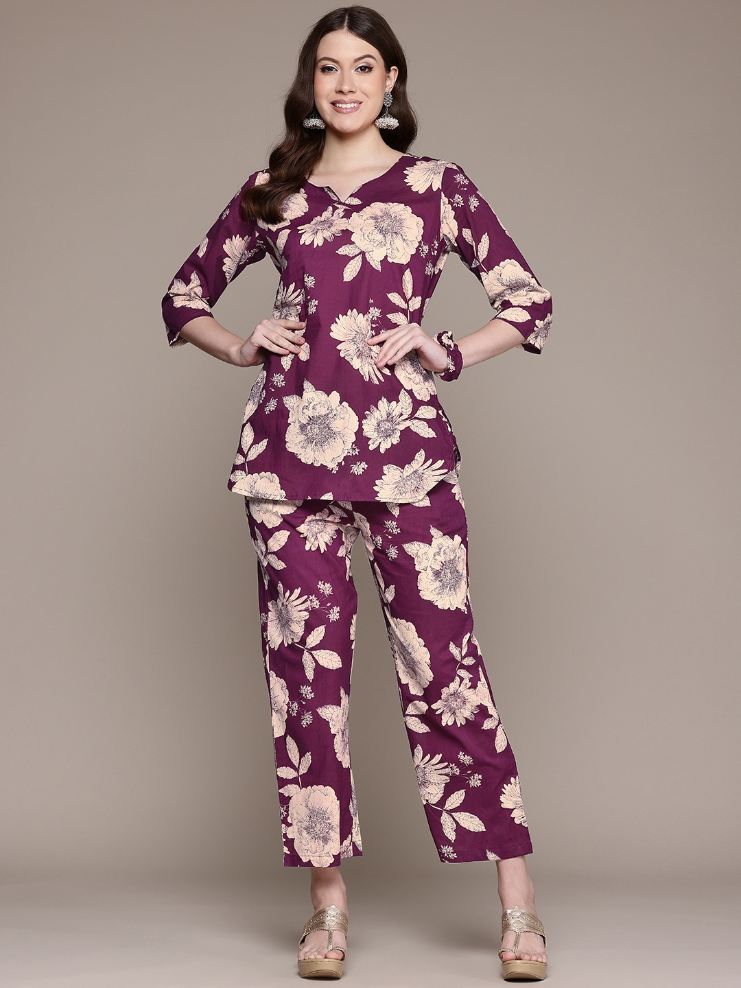 

Readiprint Women Floral Printed Pure Cotton Tunic with Trousers & Scrunchie, Purple