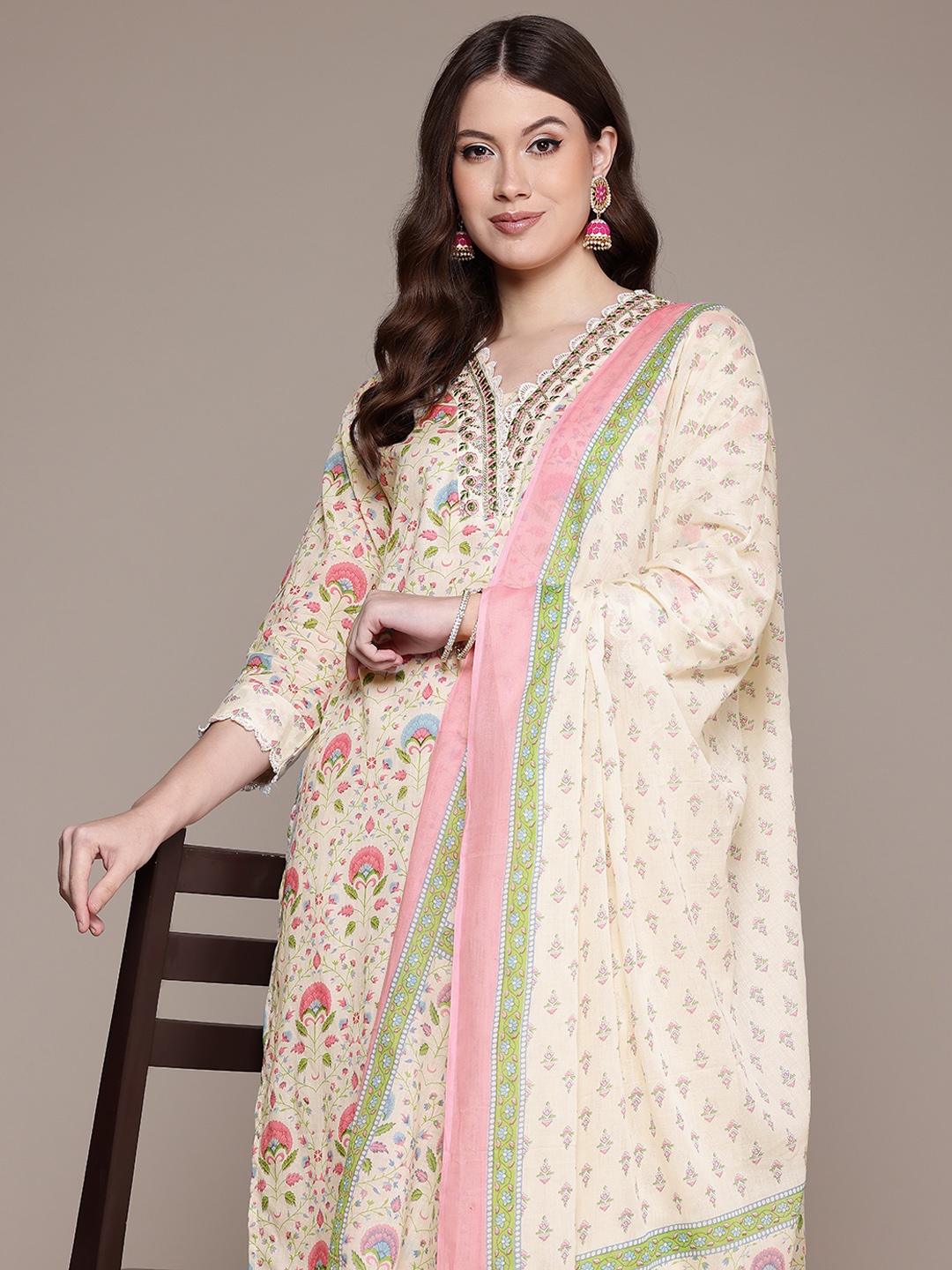 

Readiprint Floral Printed Mirror Work Pure Cotton Kurta With Trousers & Dupatta, Cream