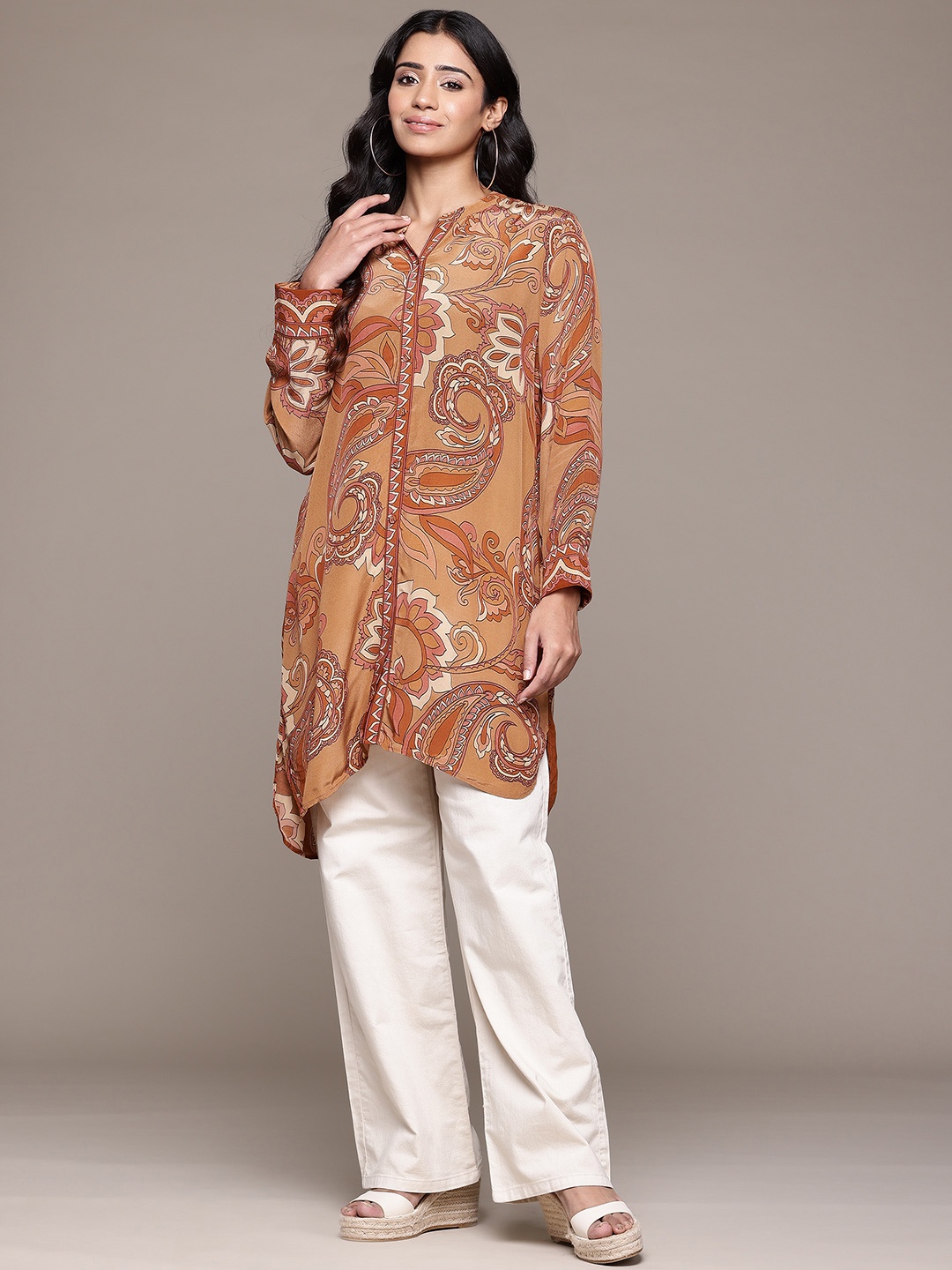 

Ritu Kumar Printed Mandarin Collar Tunic, Beige