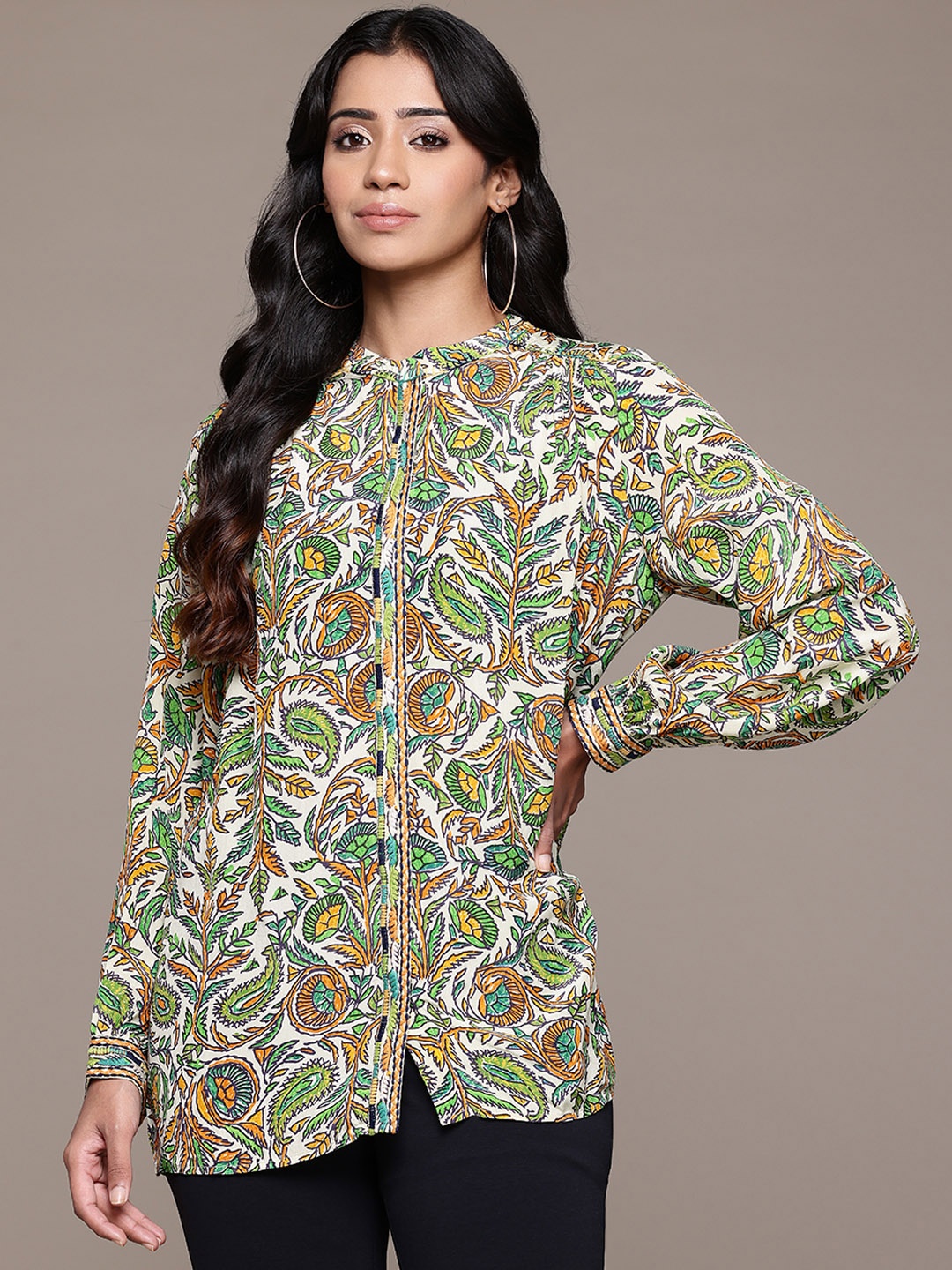 

Ritu Kumar Printed Mandarin Collar Ethnic Crepe Top, Green