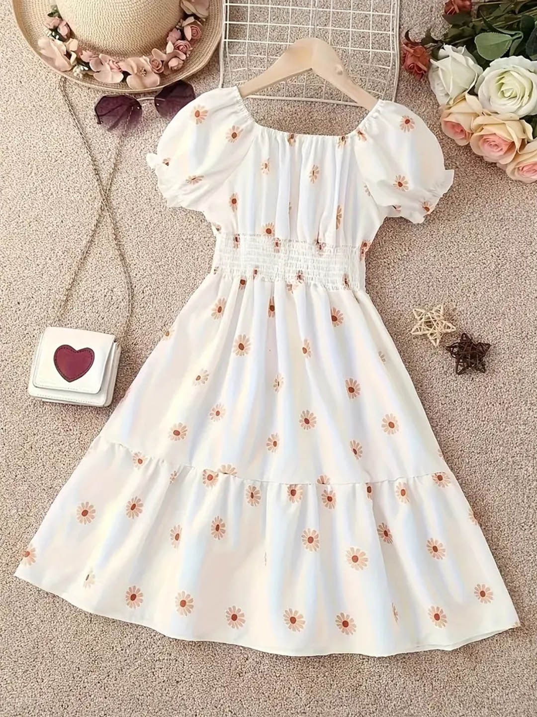 

BAESD Girls Floral Printed Puff Sleeve Fit & Flare Dress, White