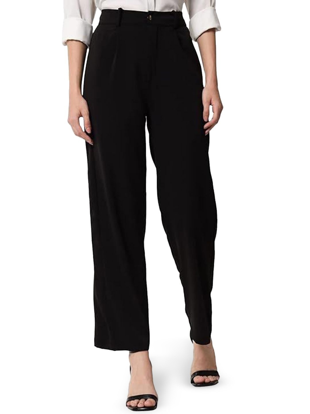 

N N ENTERPRISE Women High-Rise Easy Wash Pleated Trousers, Black