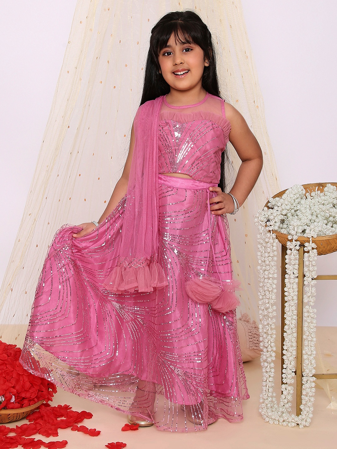 

KID1 Girls Embellished Sequinned Ready to Wear Lehenga & Blouse With Dupatta, Pink