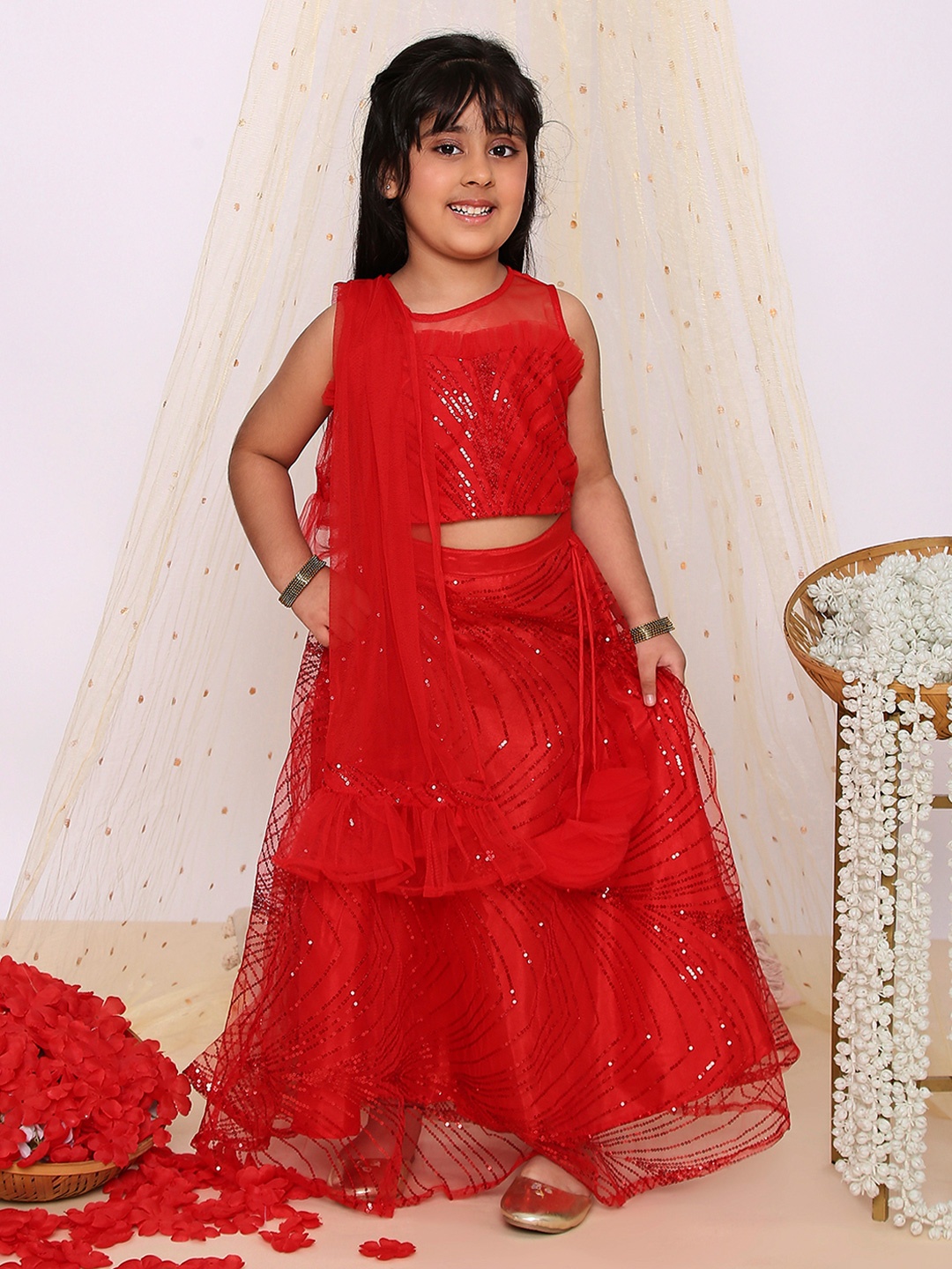 

KID1 Girls Embellished Sequinned Ready to Wear Lehenga & Blouse With Dupatta, Red