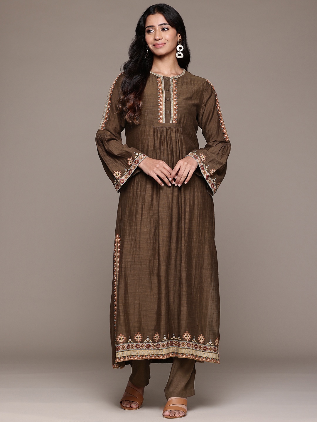 

Ritu Kumar Embroidered Pleated Thread Work Pure Cotton Kurta with Trousers, Brown