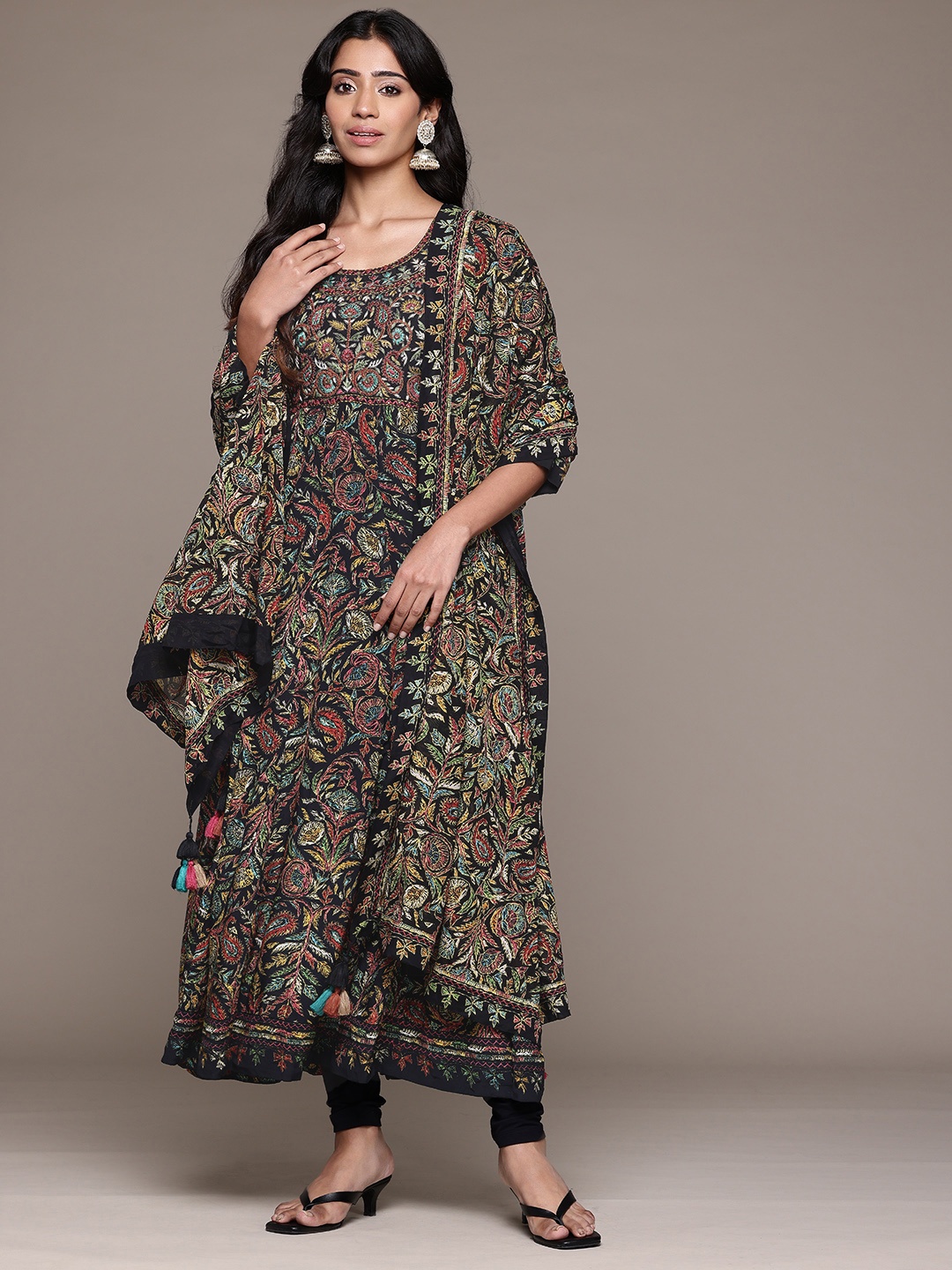 

Ritu Kumar Ethnic Motifs Embroidered Pleated Mirror Work Kurta With Churidar & Dupatta, Black