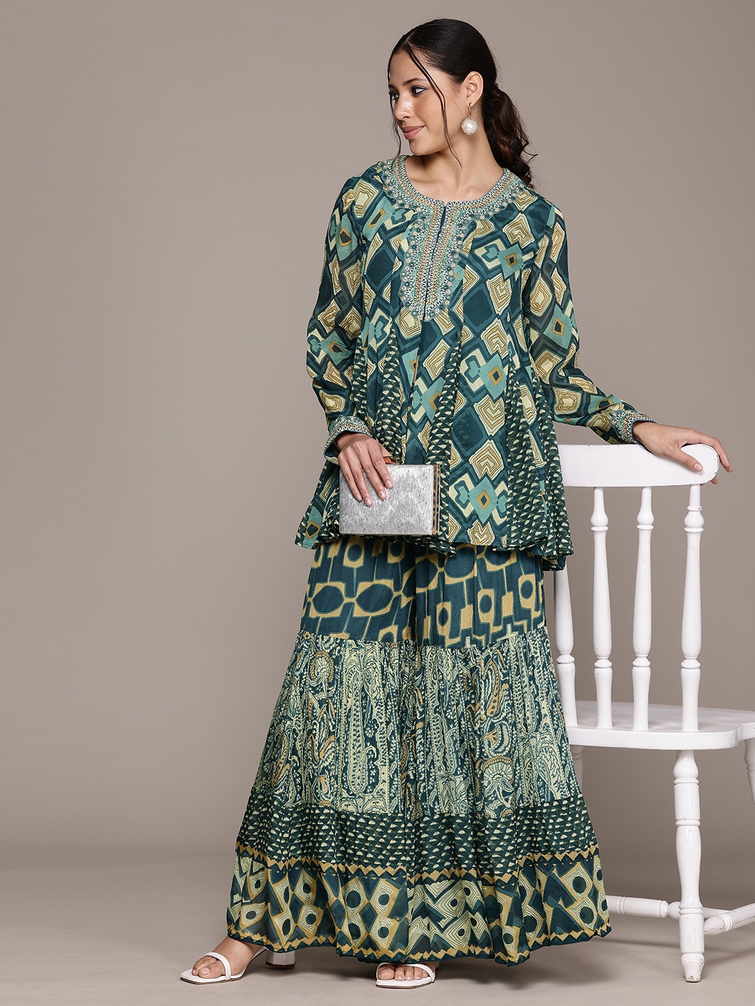 

Ritu Kumar Printed Pleated Kurti with Sharara, Teal