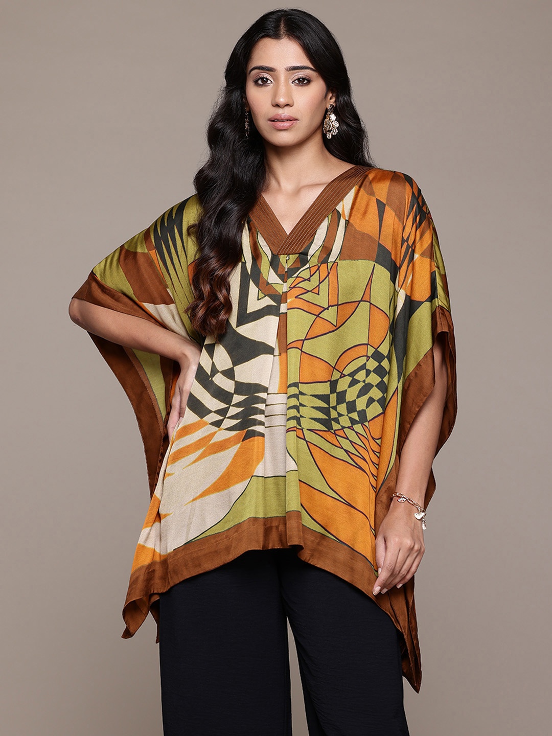 

Ritu Kumar Printed Flared Sleeves Kaftan Kurti, Brown