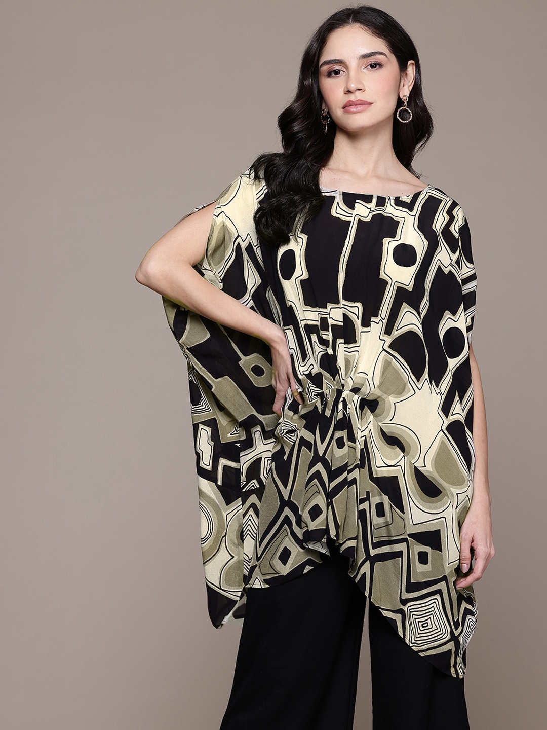 

Ritu Kumar Printed Extended Sleeves Crepe Boxy Longline Top, Black