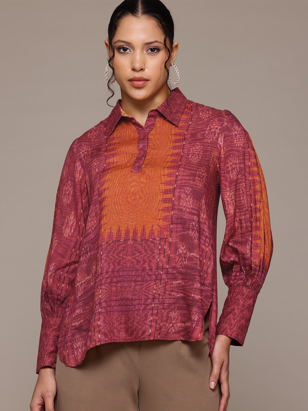 

Ritu Kumar Printed Bishop Sleeves Ethnic Top, Burgundy