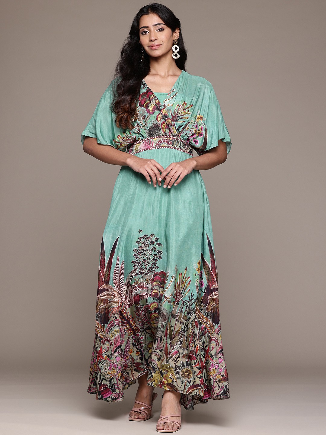 

Ritu Kumar Floral Print Flared Sleeves Maxi Dress, Sea green