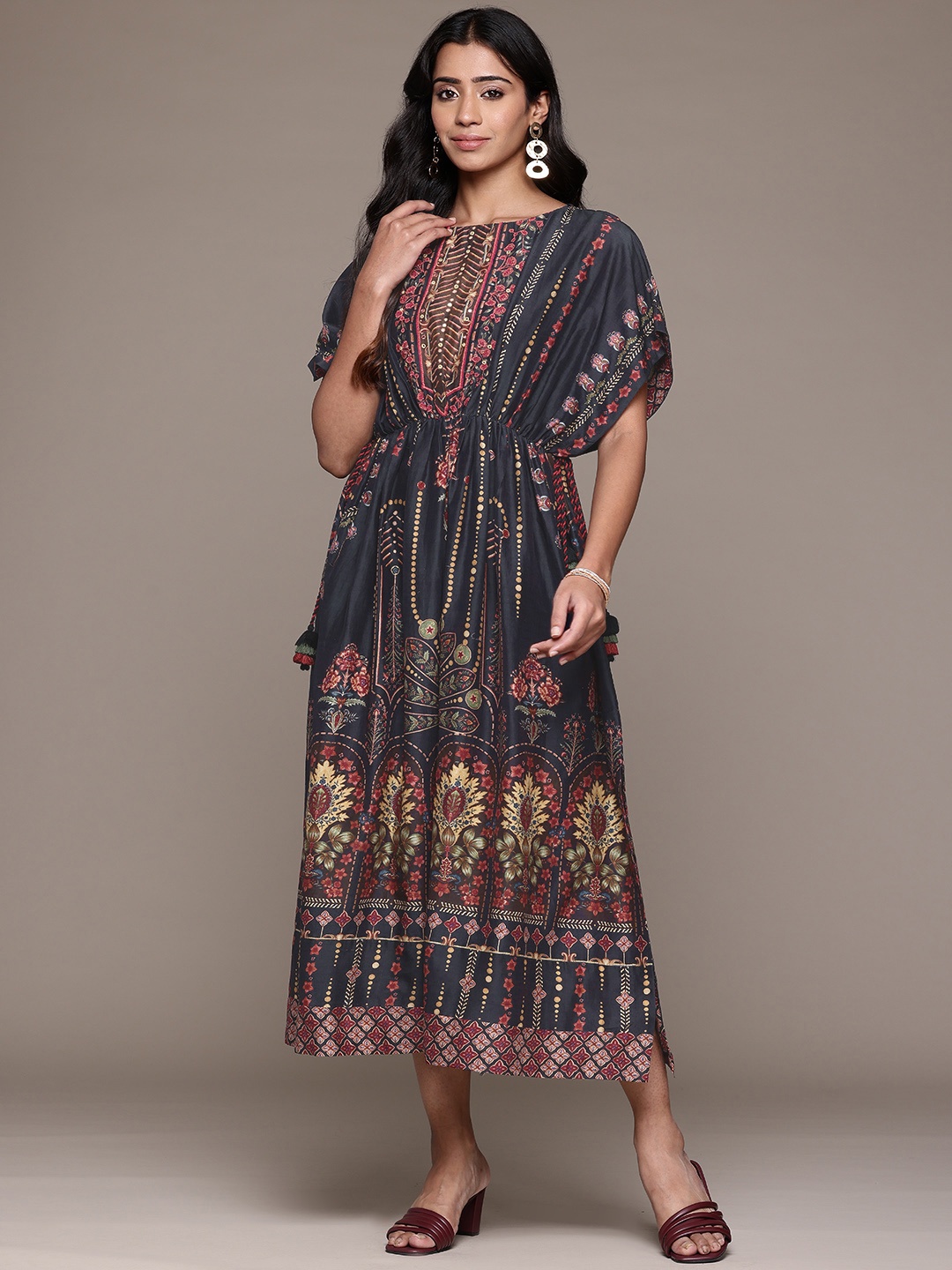 

Ritu Kumar Ethnic Motifs Print Batwing Sleeves Kaftan Midi Dress, Black