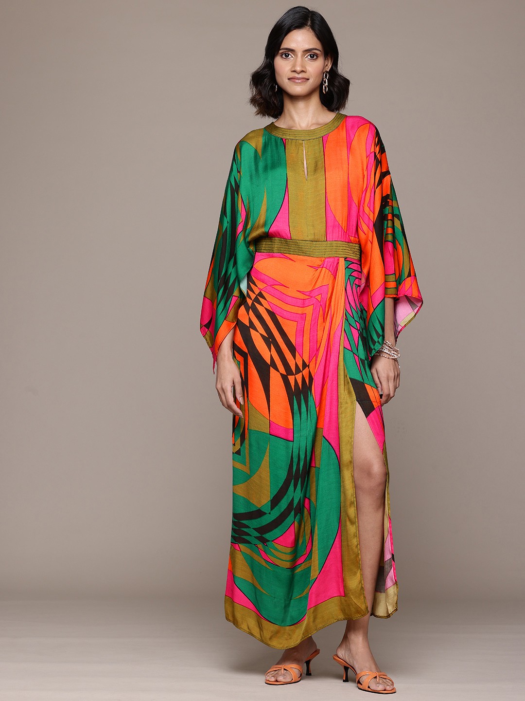 

Ritu Kumar Print Keyhole Neck Flared Sleeves Satin A-Line Maxi Dress, Multi