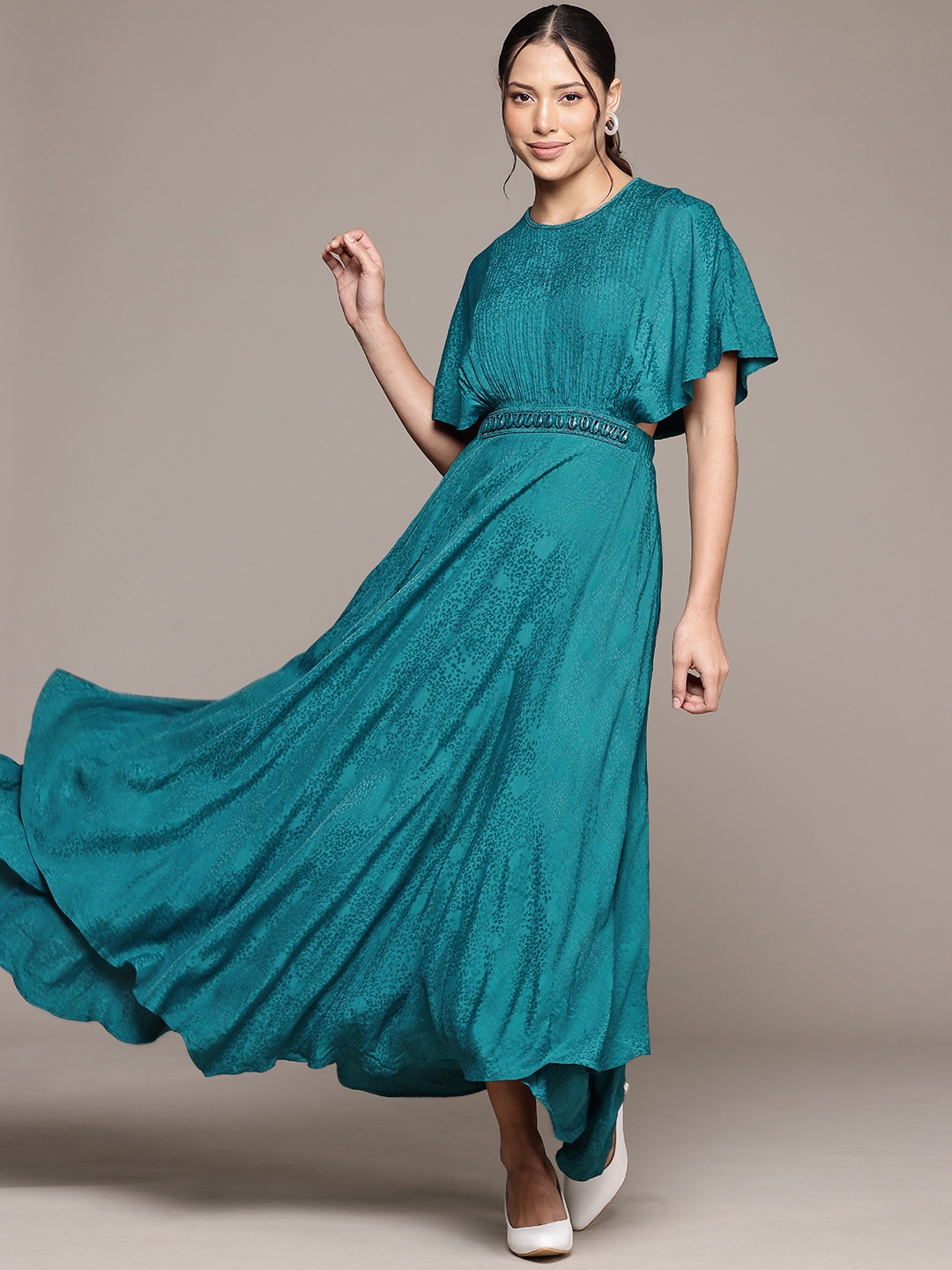 

Ritu Kumar Satin Kimono Sleeve Fit & Flare Maxi Dress with Bustier, Teal