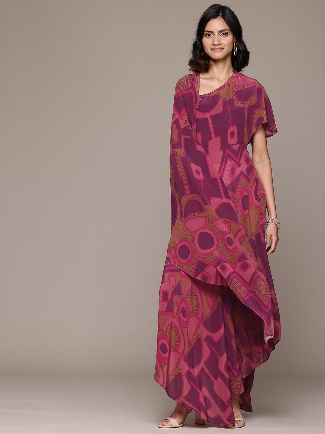 

Ritu Kumar Print Flared Sleeves Layered Crepe A-Line Maxi Dress, Pink