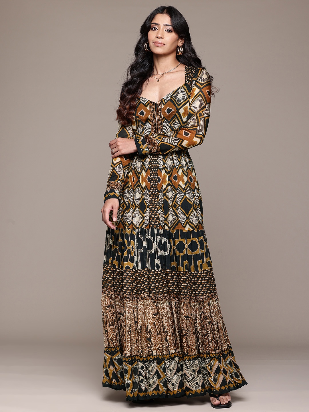 

Ritu Kumar Printed Sweetheart Neck A-Line Maxi Dress, Brown