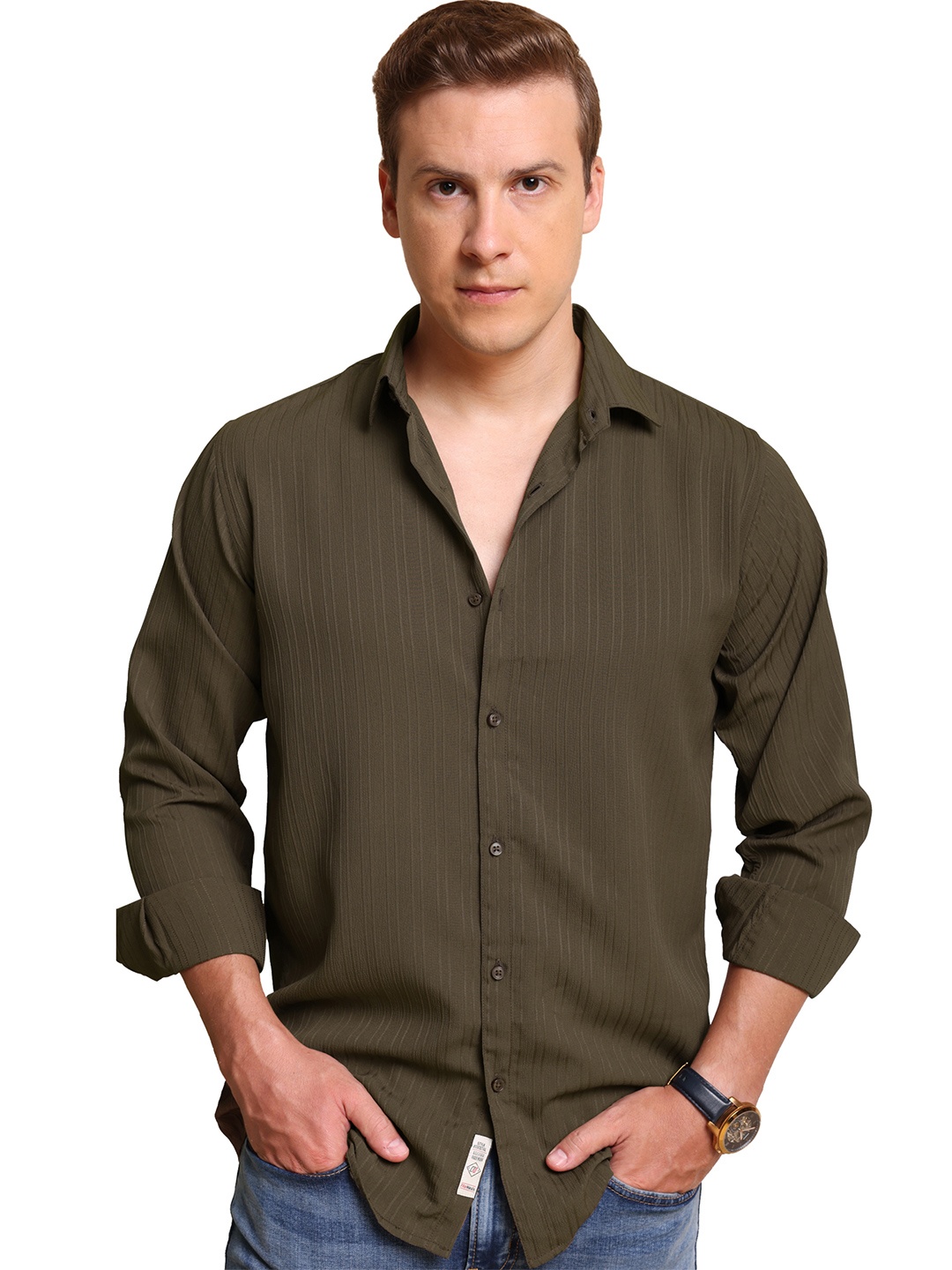 

FILO HEVIS Men Classic Popcorn Striped Casual Shirt, Olive