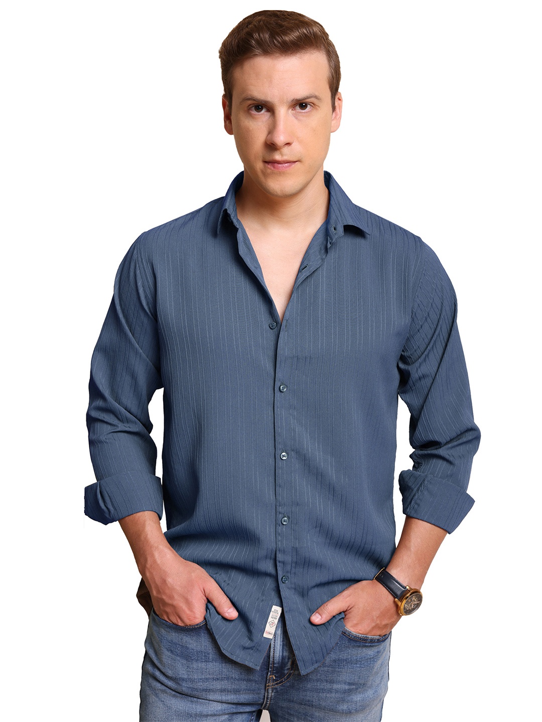 FILO HEVIS Men Classic Popcorn Striped Casual Shirt, Blue