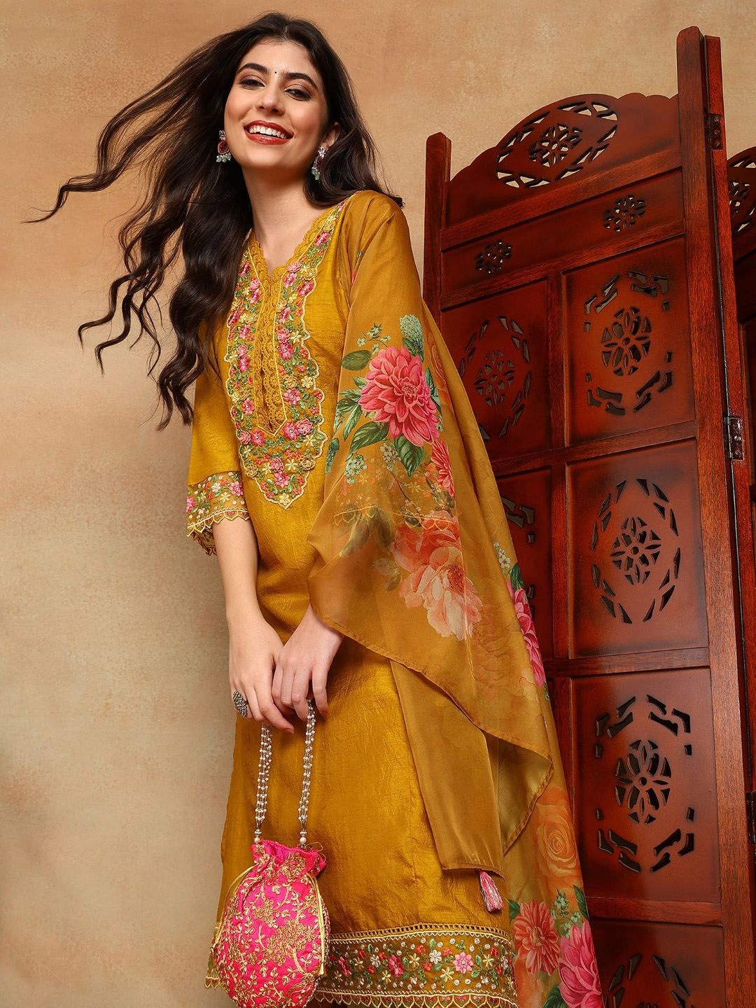 

KALINI Women Floral Embroidered Panelled Thread Work Kurta with Trousers & With Dupatta, Mustard