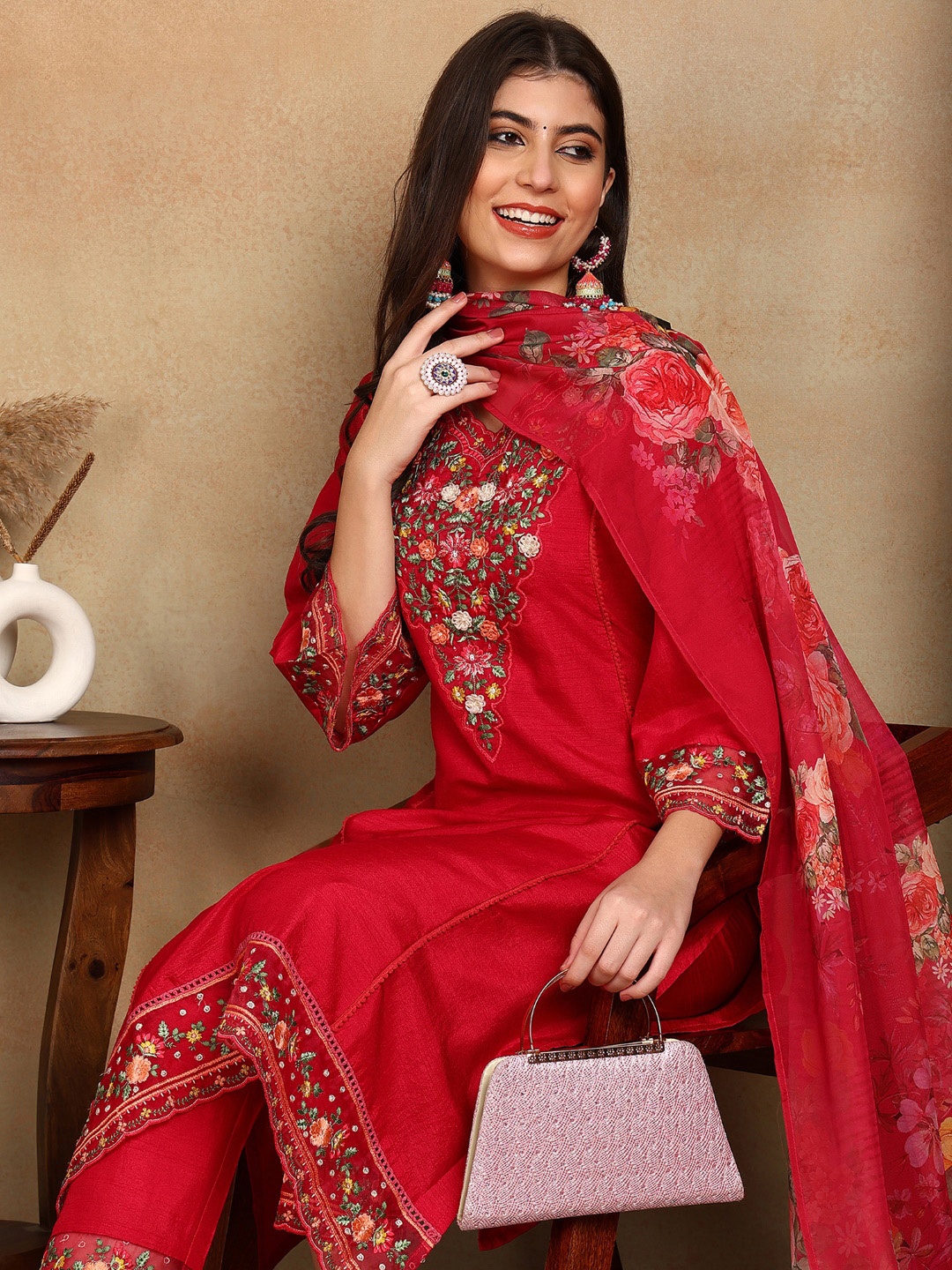 

KALINI Women Embroidered Panelled Thread Work Kurta with Trousers & With Dupatta, Pink