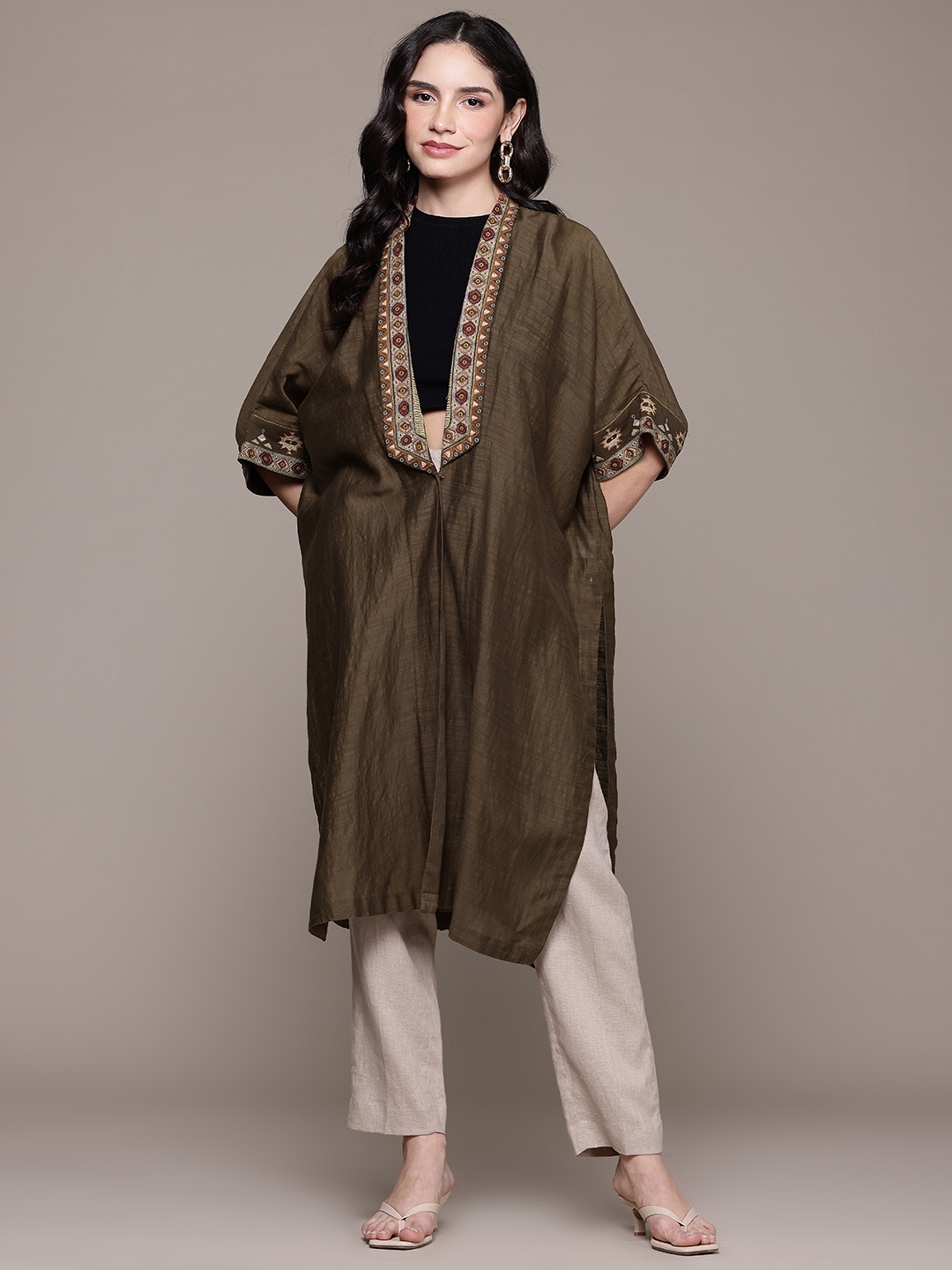 

Ritu Kumar Women Embroidered Longline Shrug, Brown