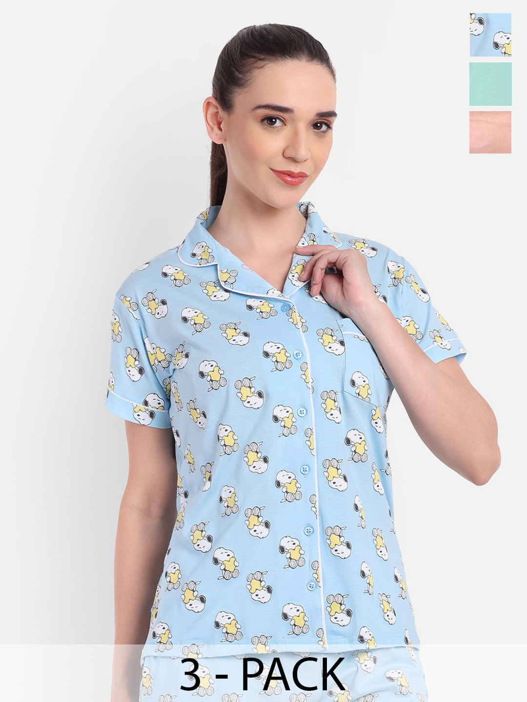 

Bedtime story Women Pack Of 3 Printed Pure Cotton Night suit, Green