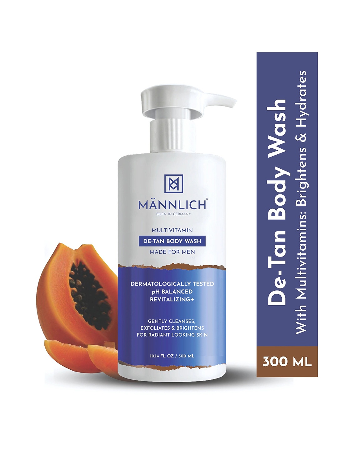 

Mannlich Multivitamin DeTan & Detox Body Wash with 2% Kojic Acid & 5% Niacinamide - 300 ml, Blue
