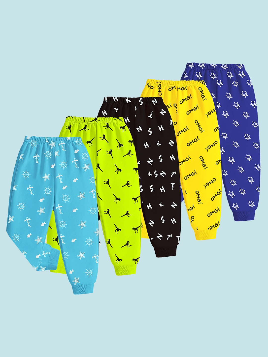 

KUCHIPOO Kids Pack Of 5 Cotton Printed Mid-Rise Joggers, Multi
